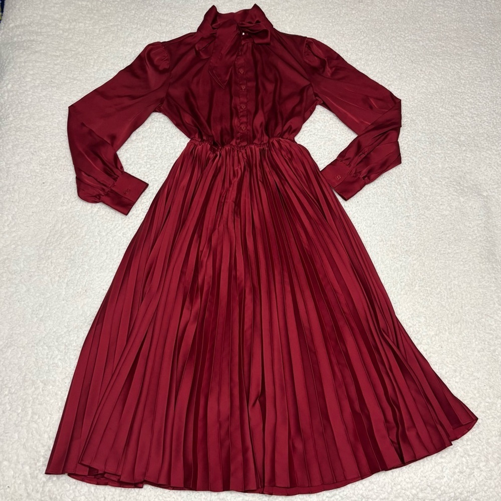 On 34th Women Red Satin Tie Neck Micro Pleated Midi Dress